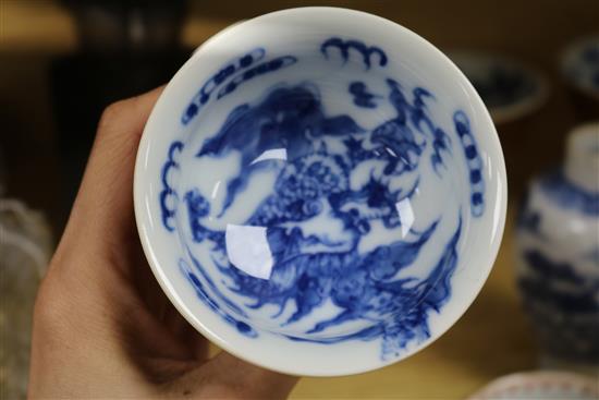 Four Chinese cafe au lait glazed stem cups and two bowls and a blue and white tea caddy tallest 11.5cm